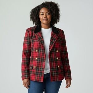 Vintage JH Collectibles 100% Wool Red and Black Plaid Double Breasted Blazer
